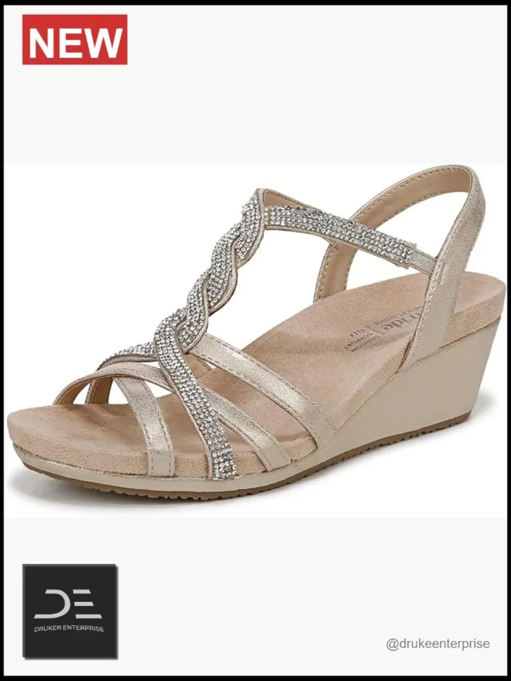 Faux Leather Rhinestone Wedge Sandals with Soft System Comfort